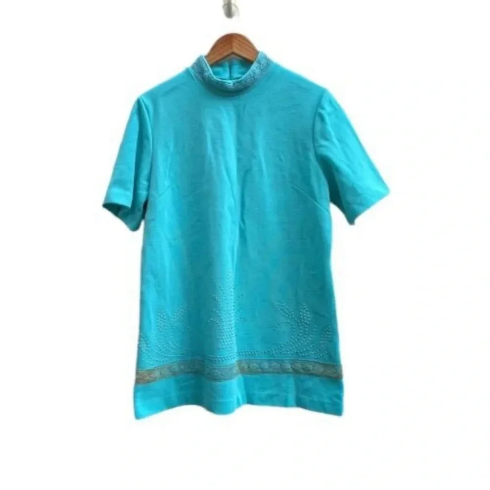 Montgomery Ward 1970's 2‎ Piece Turquoise Skirt Smock Blouse Set Lace Trim NOS​